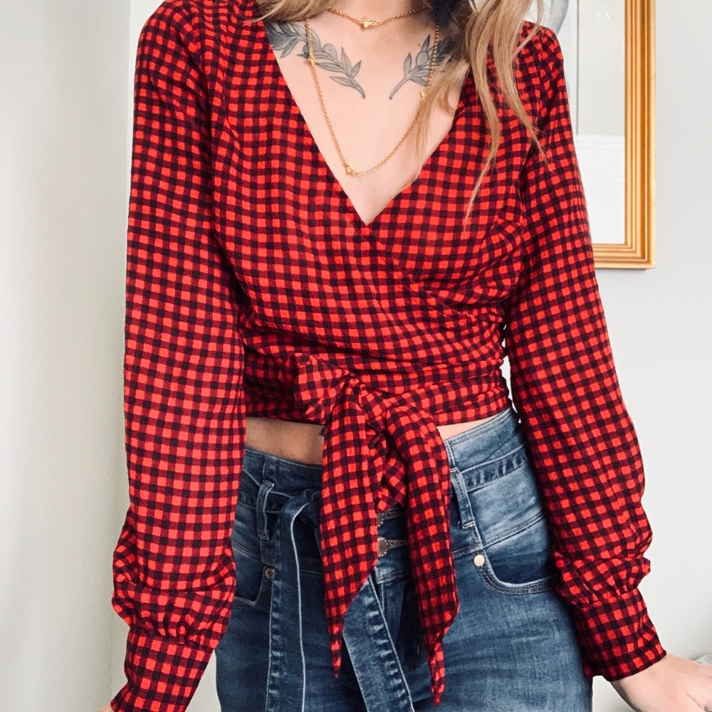 Urban outfitters red and black checker wrap blouse